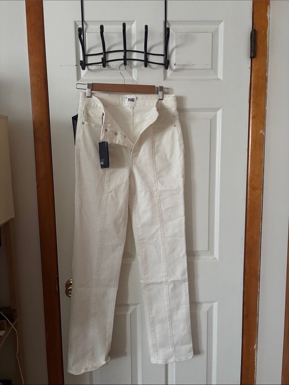 PAIGE Off-White Straight Leg Jeans with Button-Front Detail